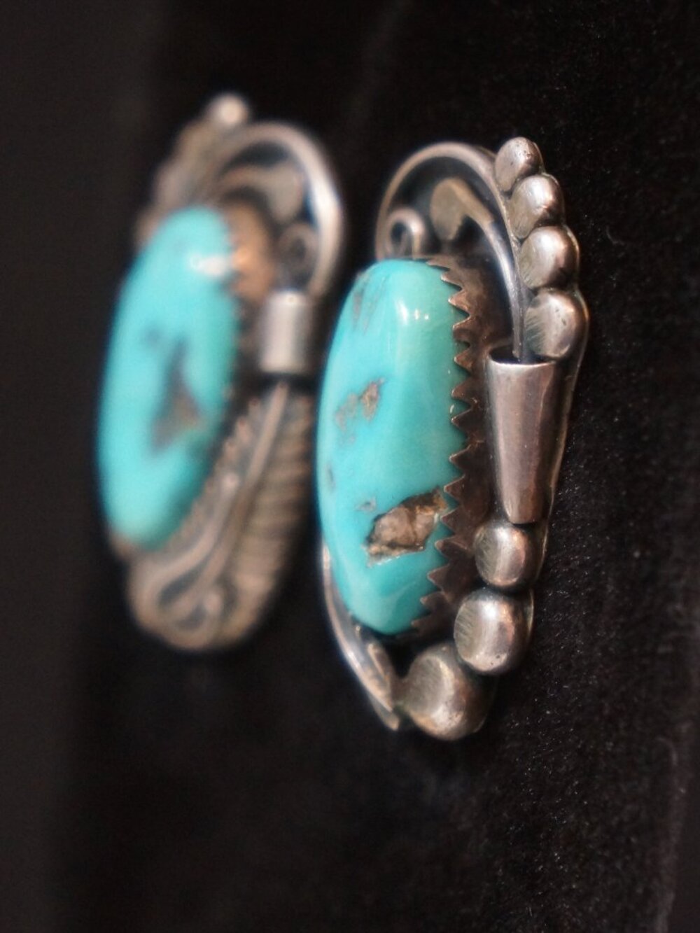 Vintage Navajo Sterling Silver Turquoise Earrings Signed AB Anna Abraham Begay - Picture 2 of 5
